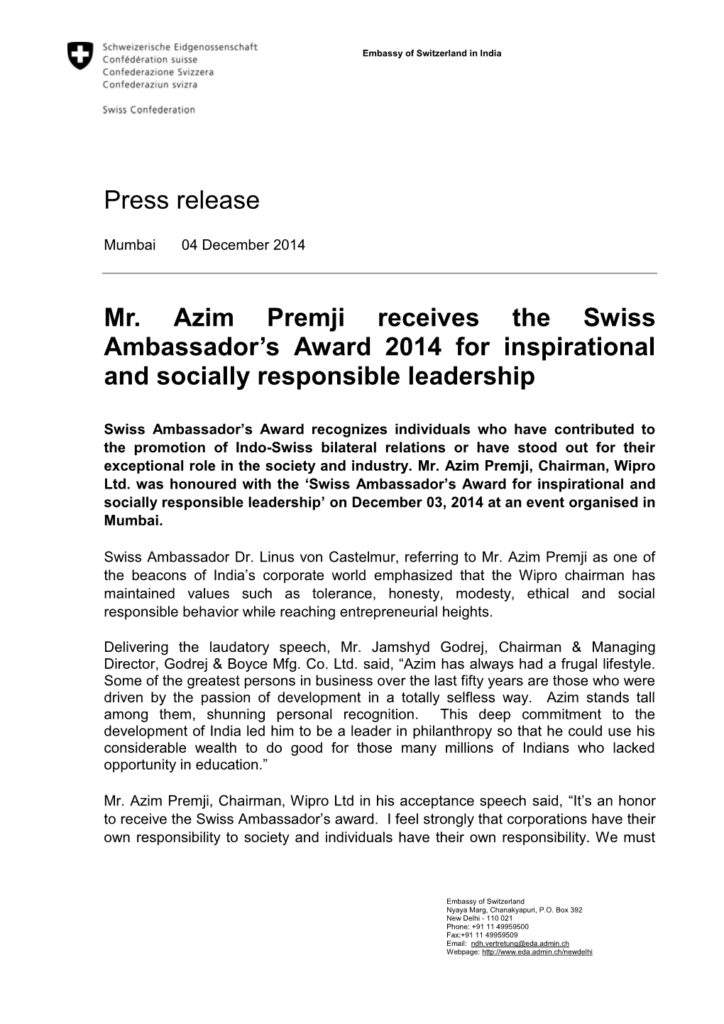 Press Release-Swiss Ambassadors Award 2014-December 03