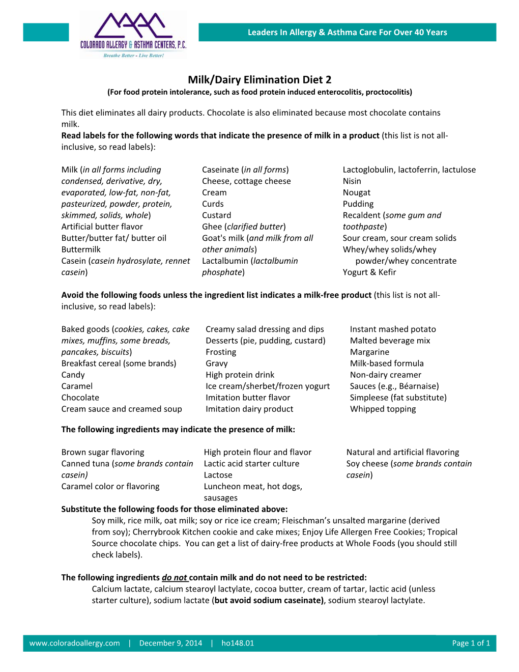 Milk/Dairy Elimination Diet 2 (For Food Protein Intolerance, Such As Food Protein Induced Enterocolitis, Proctocolitis)