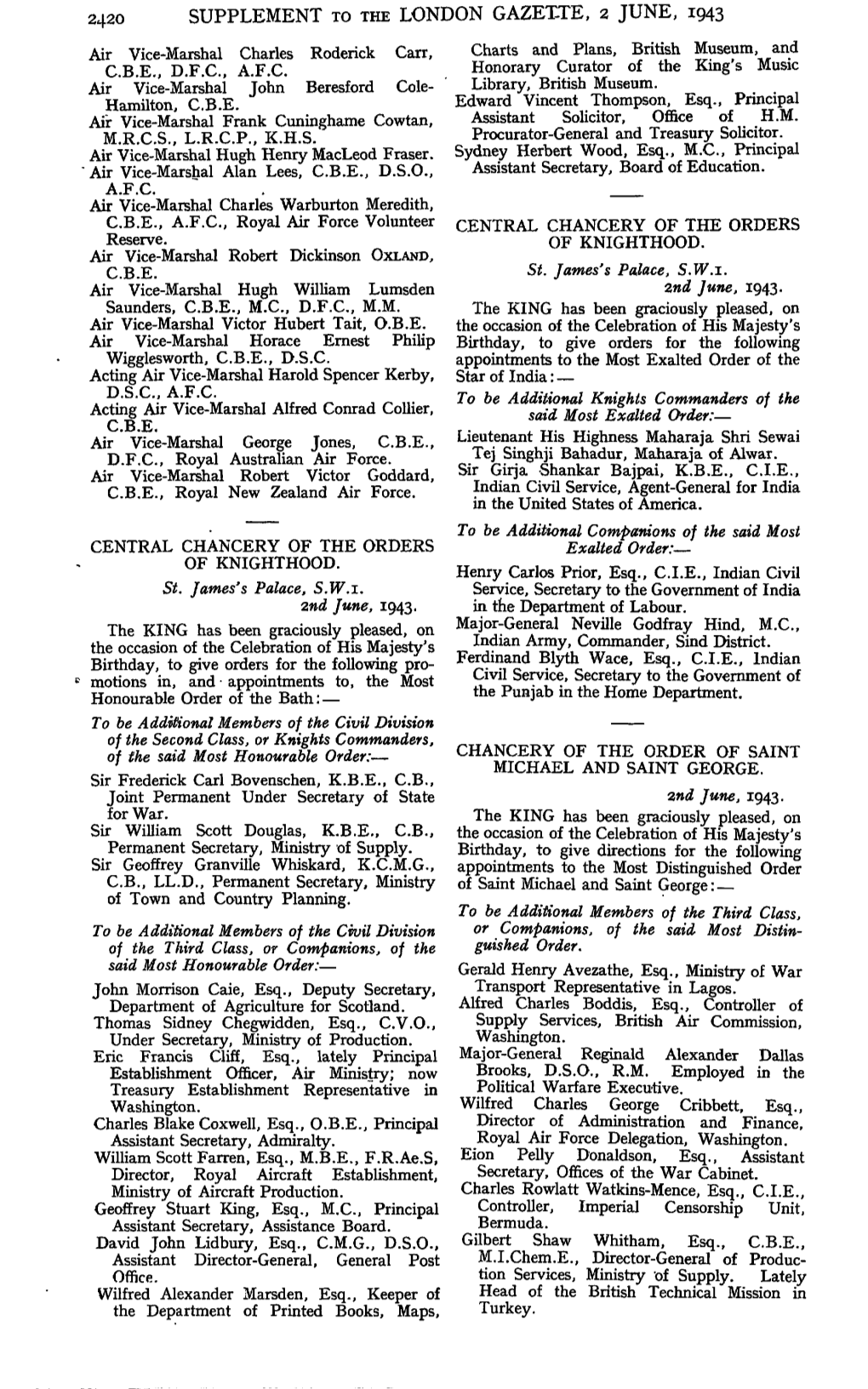 2420 Supplement to the London Gazette, 2 June, 1943