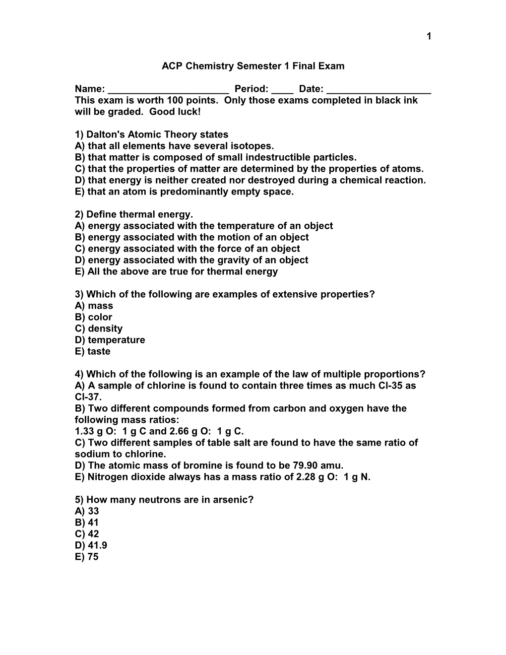 ACP Chemistry Semester 1 Final Exam