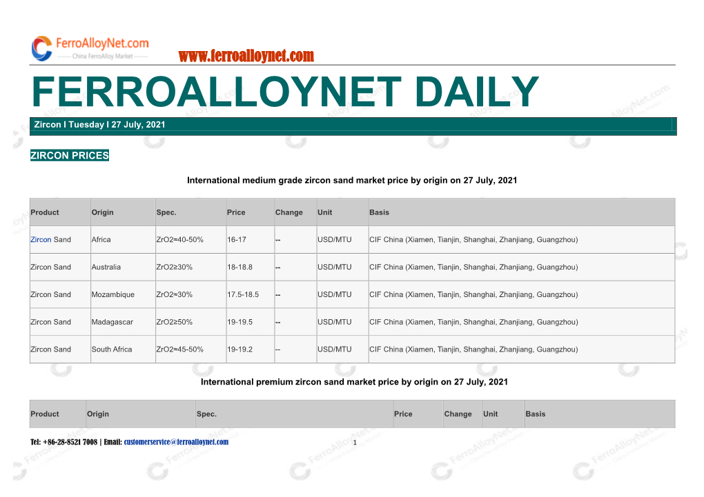 FERROALLOYNET DAILY Zircon I Tuesday I 27 July, 2021