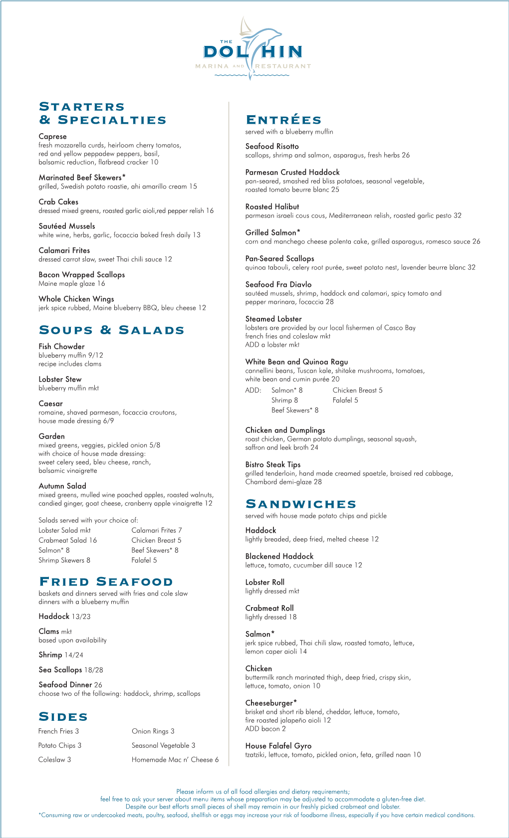 Starters & Specialties Soups & Salads Fried Seafood Sandwiches Entrées