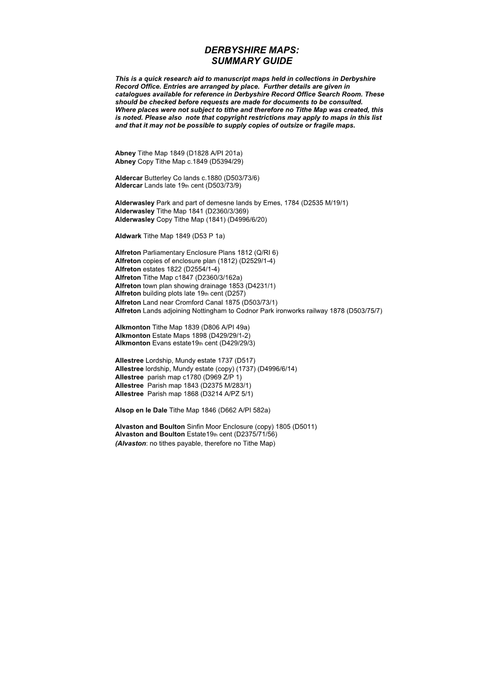 Derbyshire Maps: Summary Guide