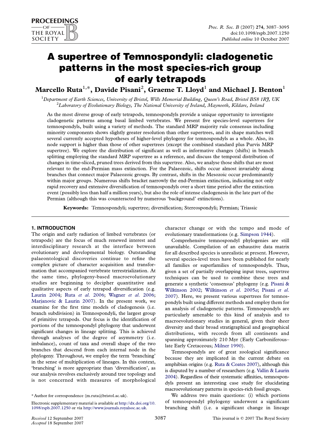 A Supertree of Temnospondyli: Cladogenetic Patterns in the Most Species-Rich Group of Early Tetrapods Marcello Ruta1,*, Davide Pisani2, Graeme T