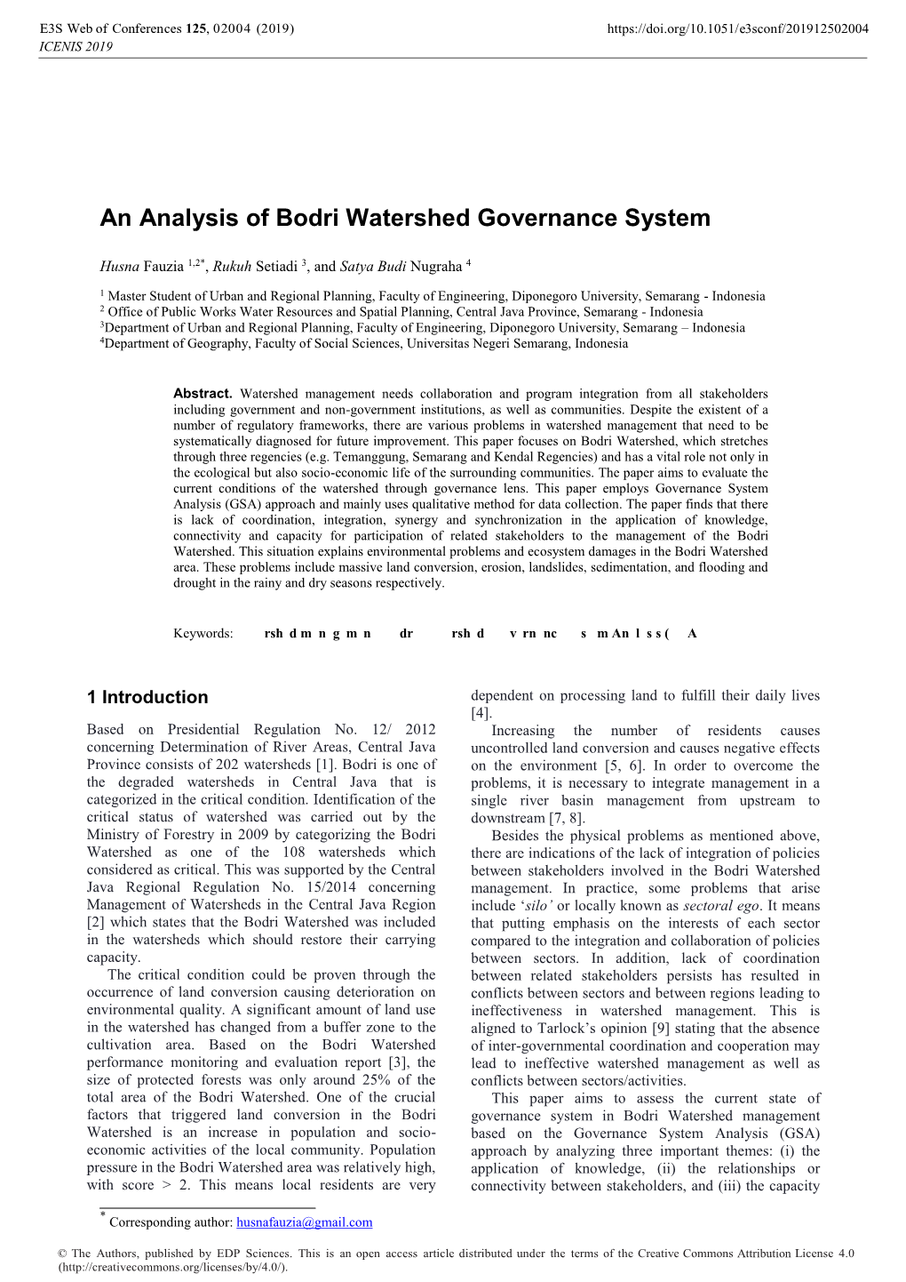An Analysis of Bodri Watershed Governance System