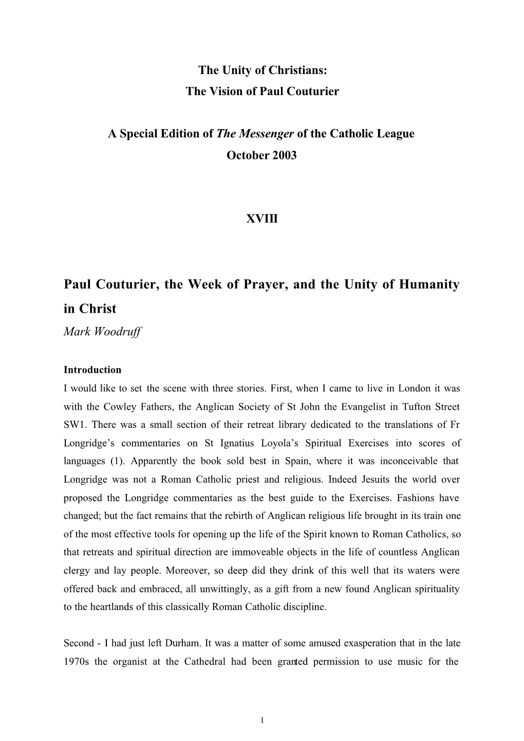 Paul Couturier, the Week of Prayer, and the Unity of Humanity in Christ Mark Woodruff