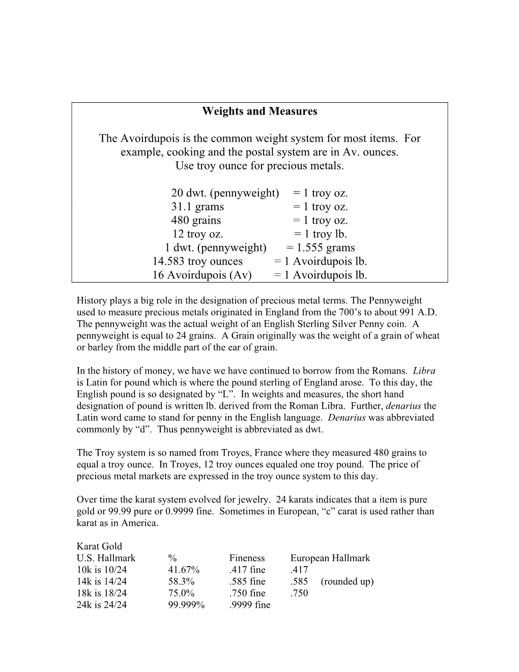 Weights and Measures the Avoirdupois Is the Common Weight System for Most Items. for Example, Cooking and the Postal System