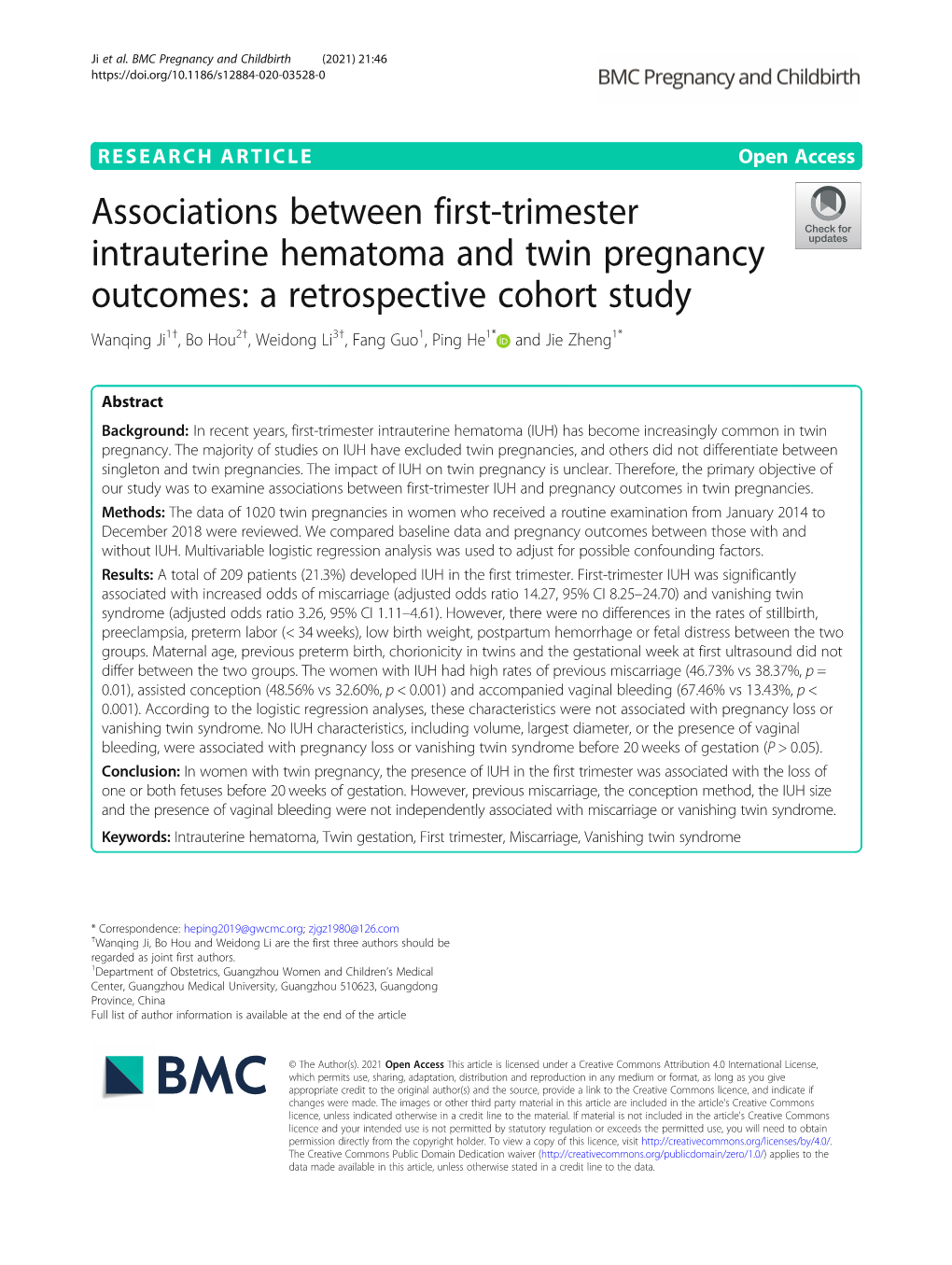 Associations Between First-Trimester Intrauterine Hematoma and Twin