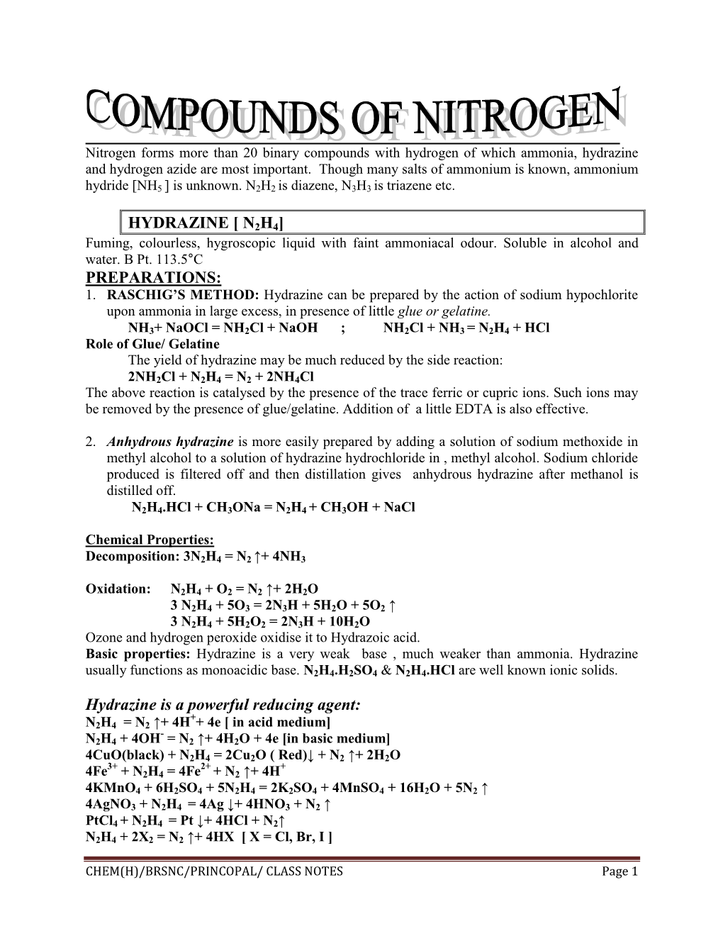 HYDRAZINE [ N2H4] PREPARATIONS: Hydrazine Is A