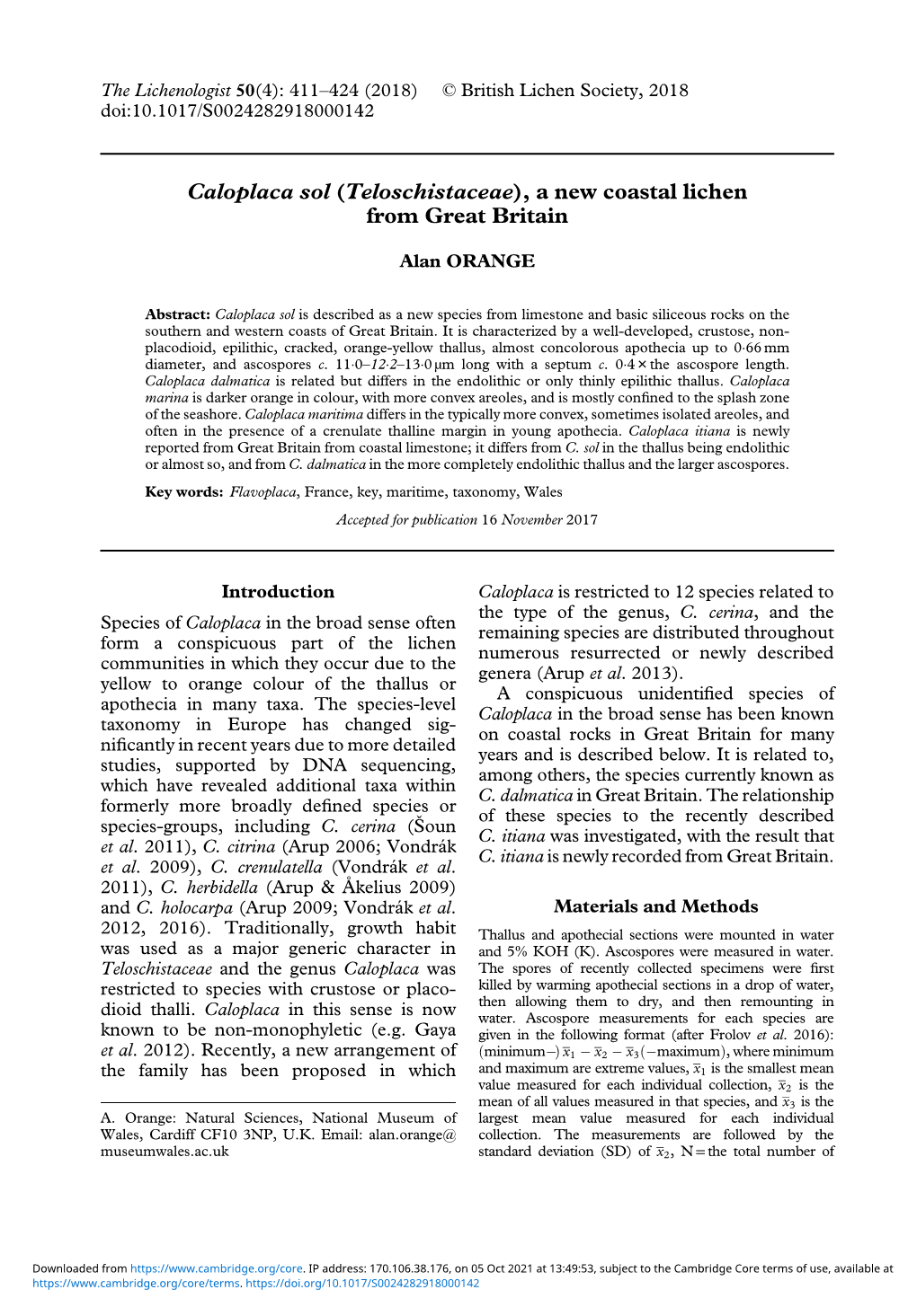 Caloplaca Sol (Teloschistaceae), a New Coastal Lichen from Great Britain