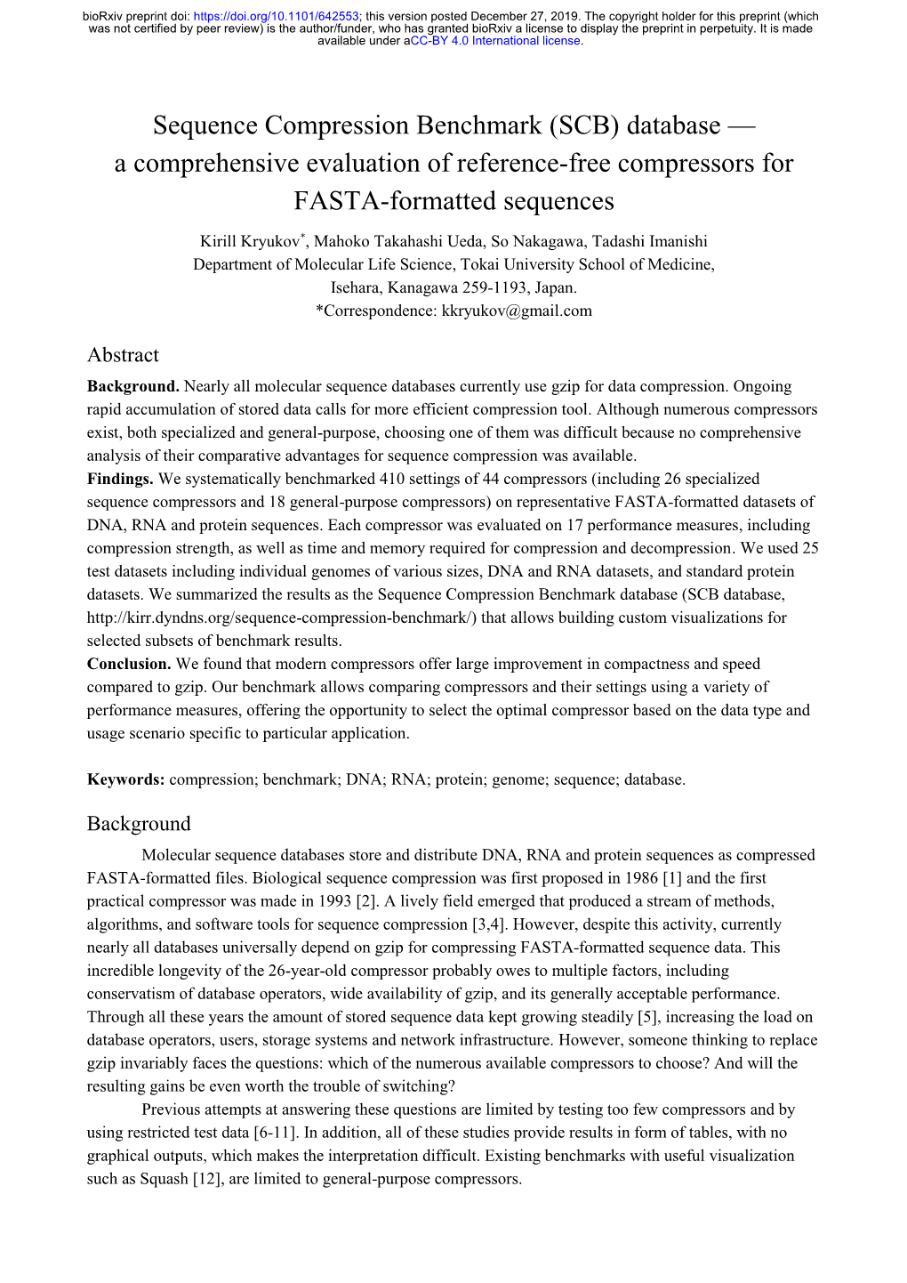 Sequence Compression Benchmark (SCB) Database — a Comprehensive Evaluation of Reference-Free Compressors for FASTA-Formatted Sequences