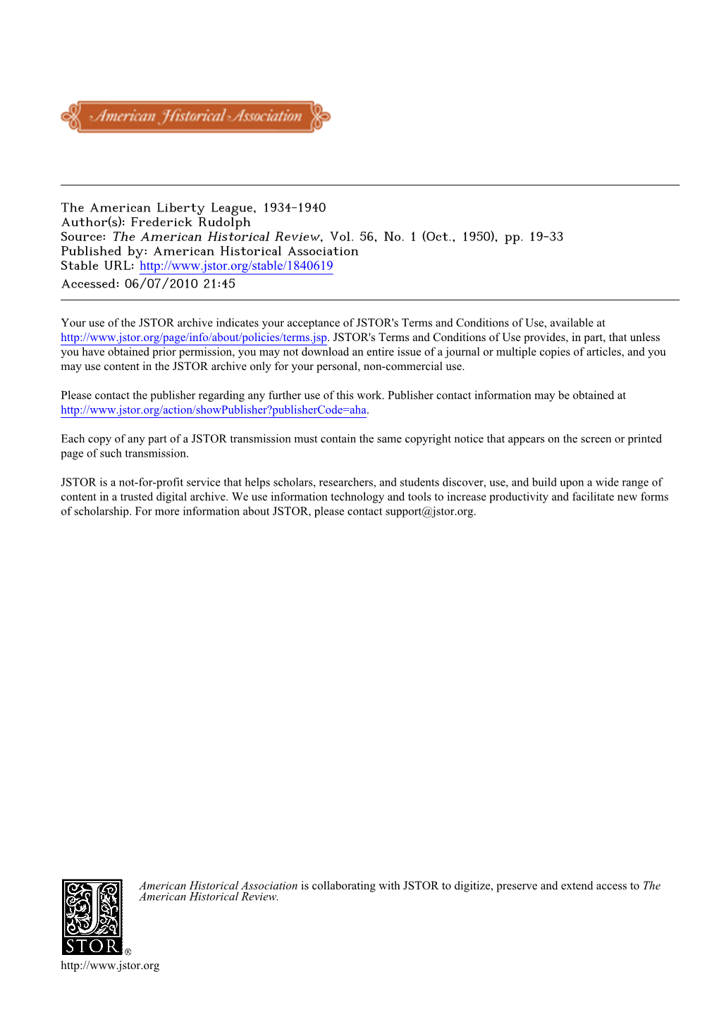 The American Liberty League, 1934-1940 Author(S): Frederick Rudolph Source: the American Historical Review, Vol