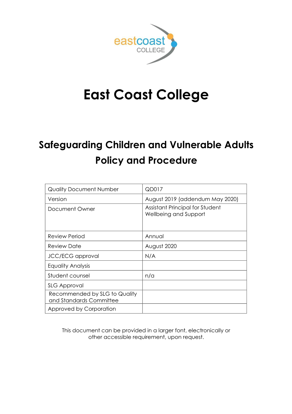 East Coast College Safeguarding Policy