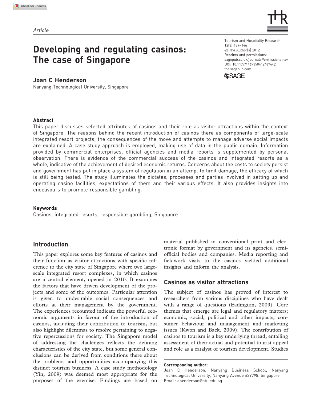 Developing and Regulating Casinos: the Case of Singapore