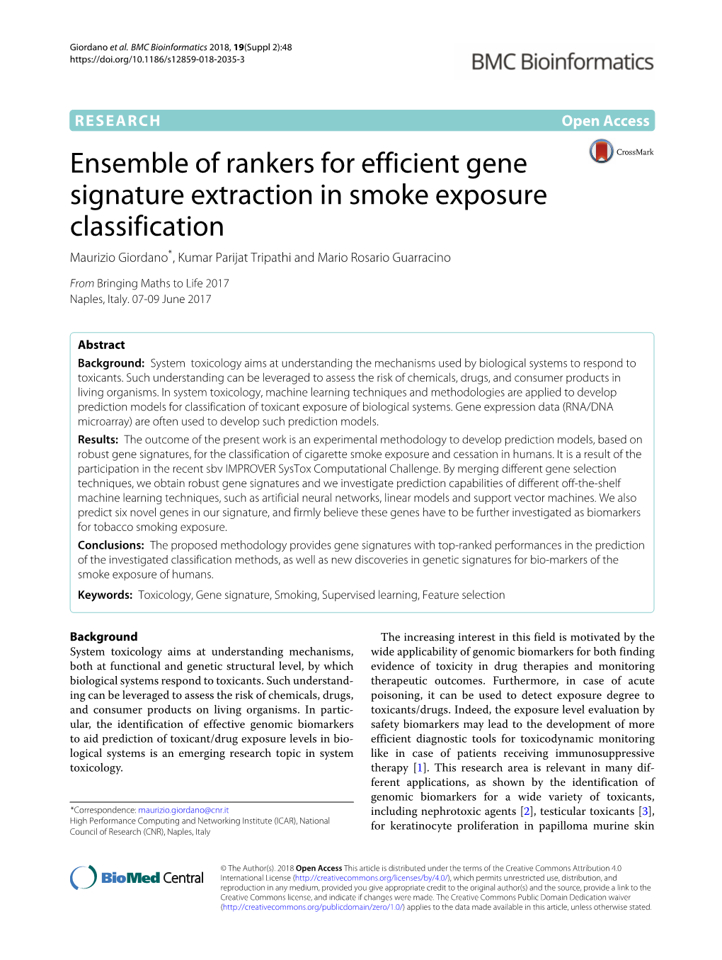Ensemble of Rankers for Efficient Gene Signature Extraction in Smoke Exposure Classification Maurizio Giordano*, Kumar Parijat Tripathi and Mario Rosario Guarracino