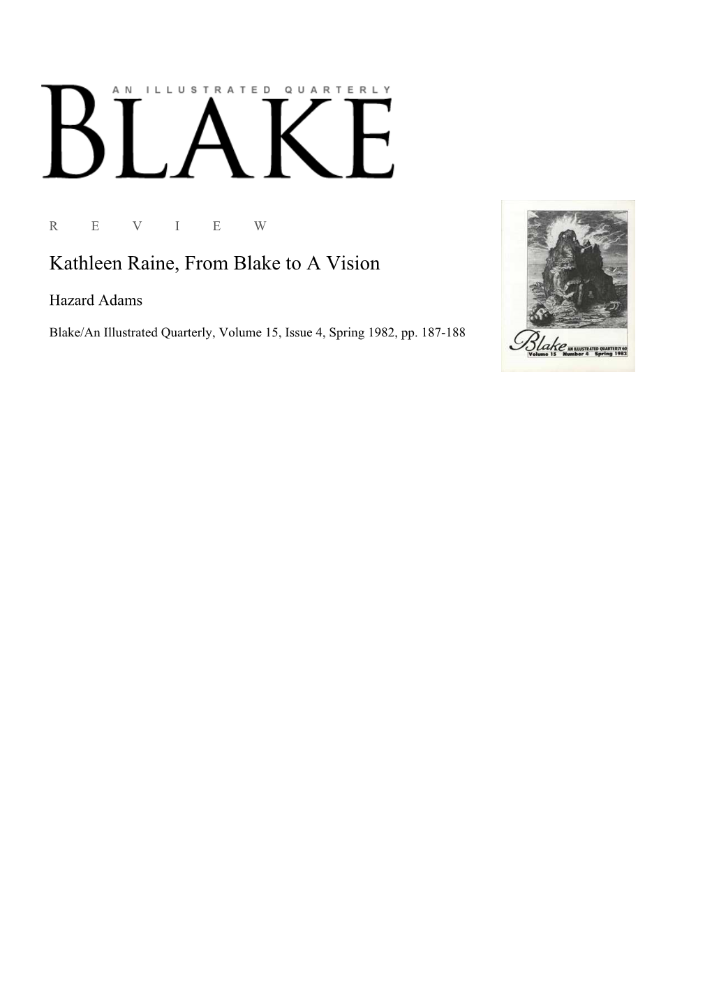 Kathleen Raine, from Blake to a Vision