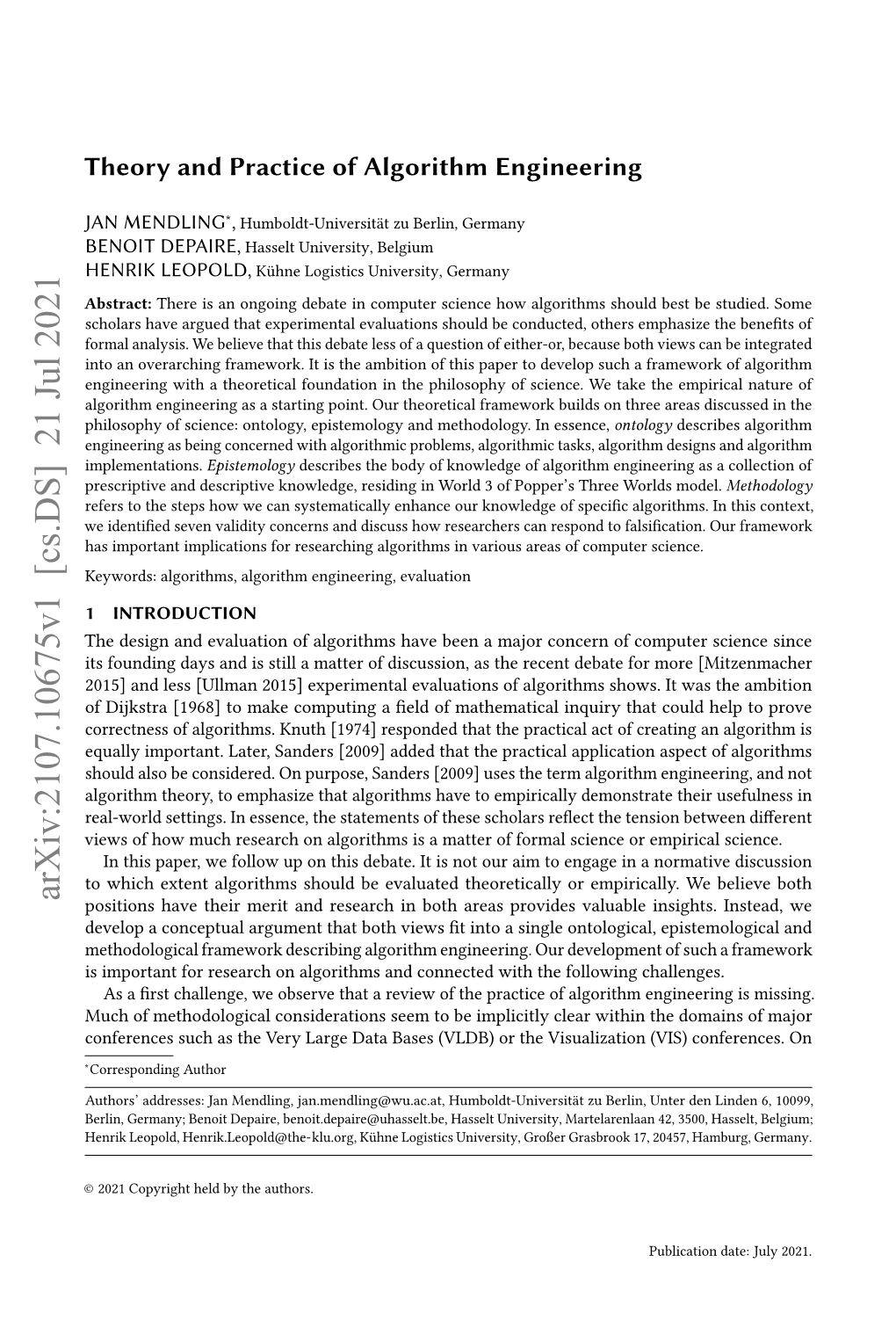 Theory and Practice of Algorithm Engineering