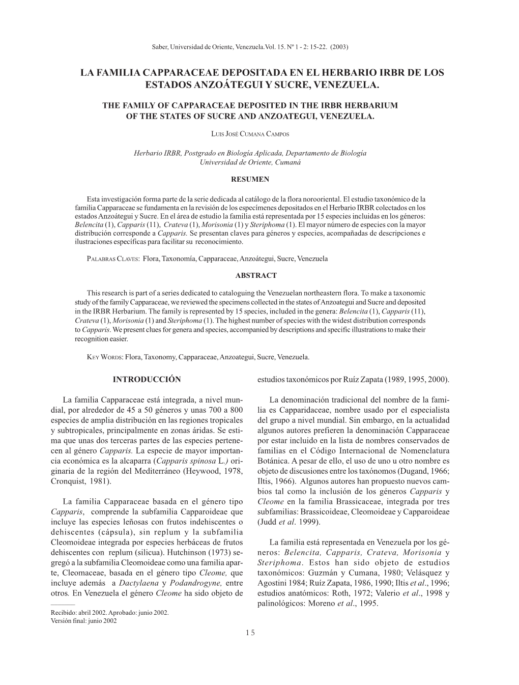 La Familia Capparaceae Depositada En El Herbario Irbr De Los Estados Anzoátegui Y Sucre, Venezuela