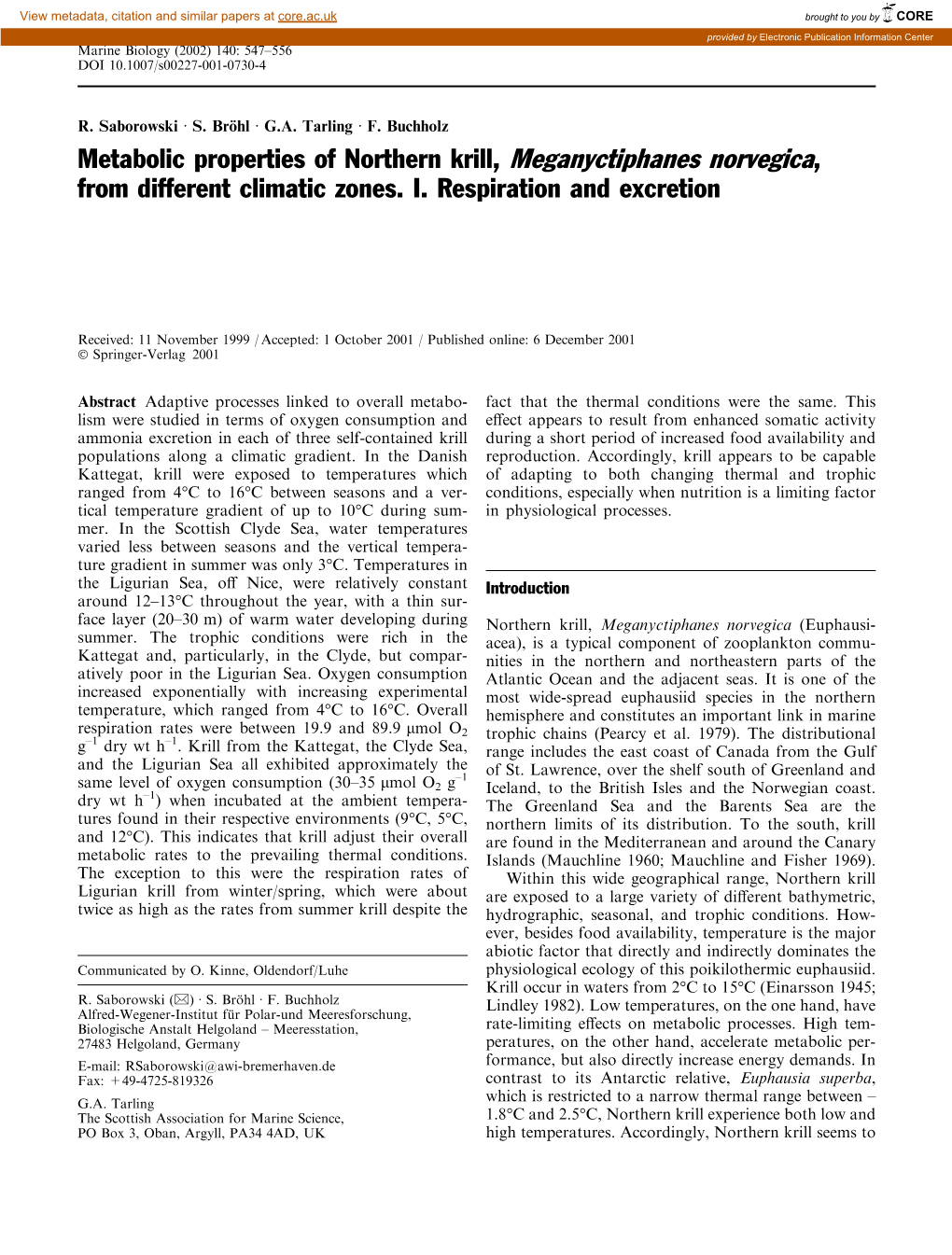 Metabolic Properties of Northern Krill, Meganyctiphanes Norvegica, from Different Climatic Zones