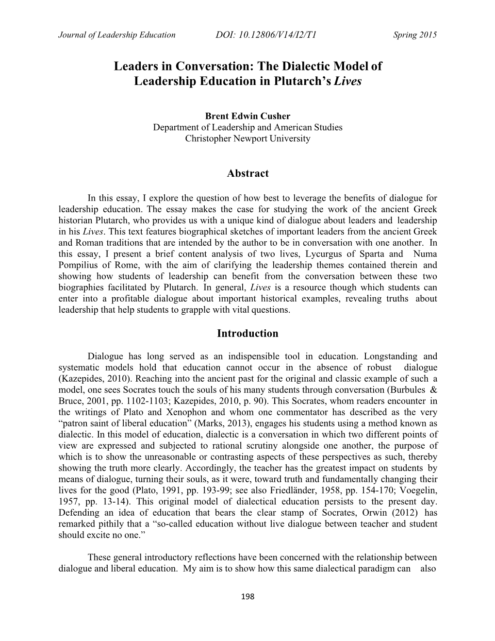 The Dialectic Model of Leadership Education in Plutarch's Lives