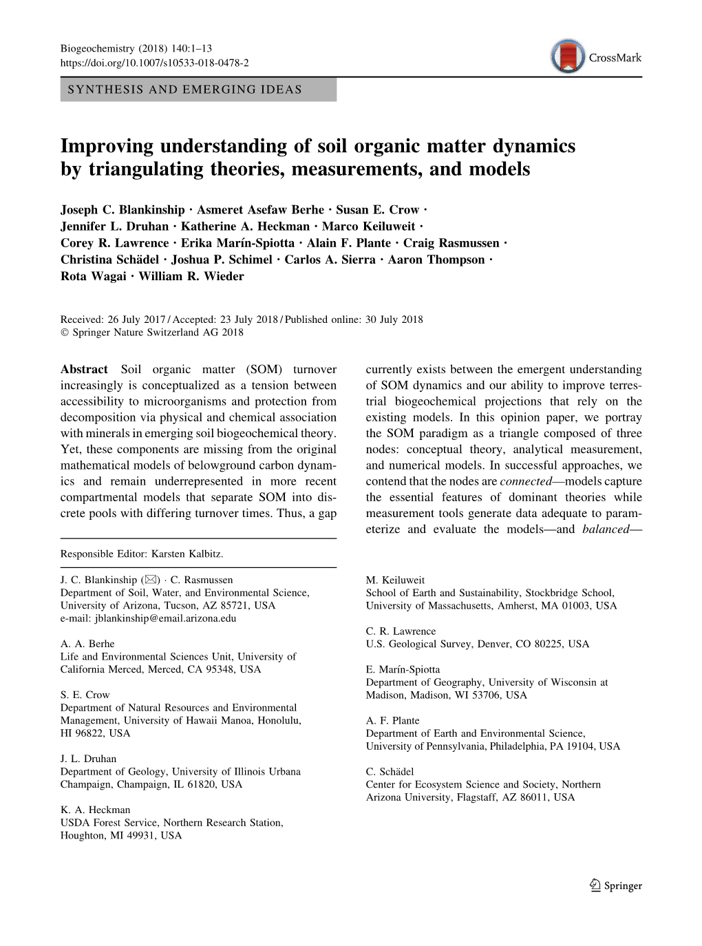 Improving Understanding of Soil Organic Matter Dynamics by Triangulating Theories, Measurements, and Models