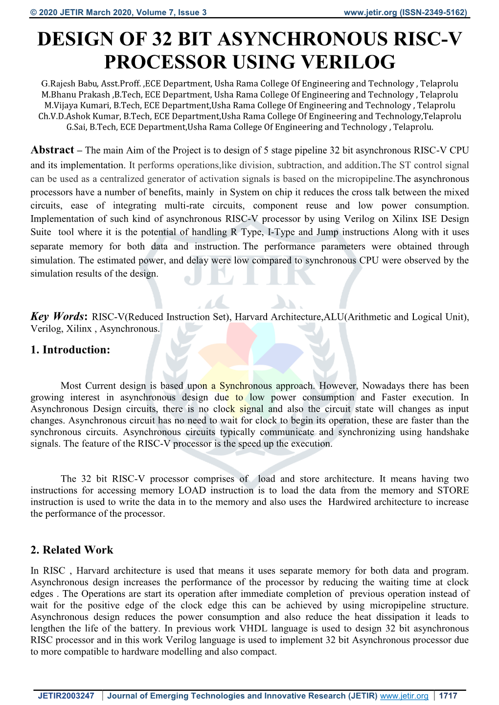 DESIGN of 32 BIT ASYNCHRONOUS RISC-V PROCESSOR USING VERILOG G.Rajesh Babu, Asst.Proff