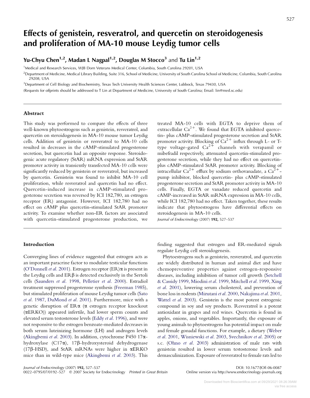 Effects of Genistein, Resveratrol, and Quercetin on Steroidogenesis and Proliferation of MA-10 Mouse Leydig Tumor Cells