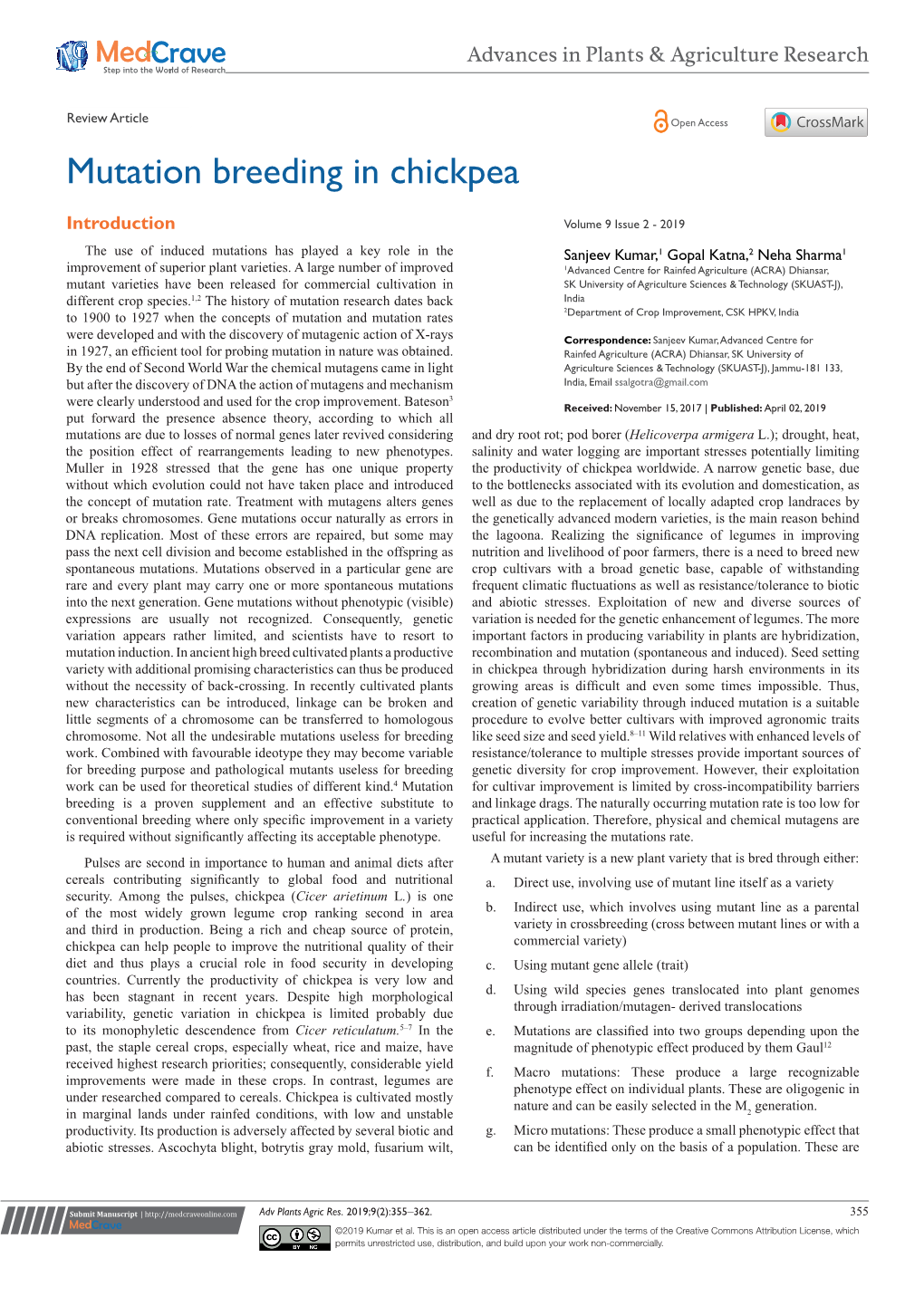 Mutation Breeding in Chickpea