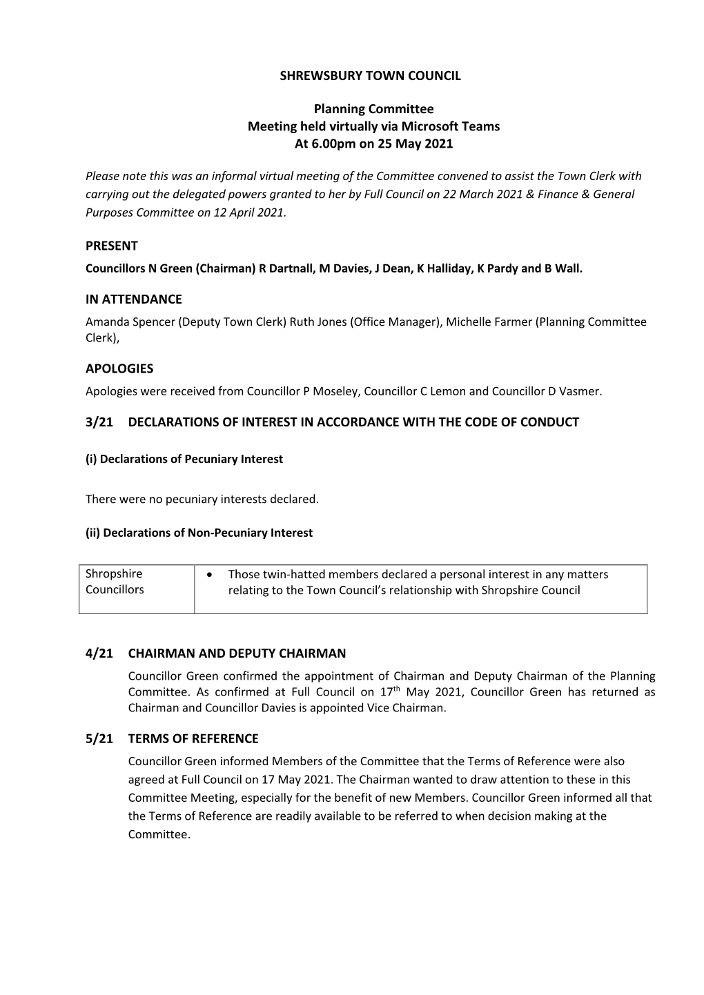 SHREWSBURY TOWN COUNCIL Planning Committee Meeting Held