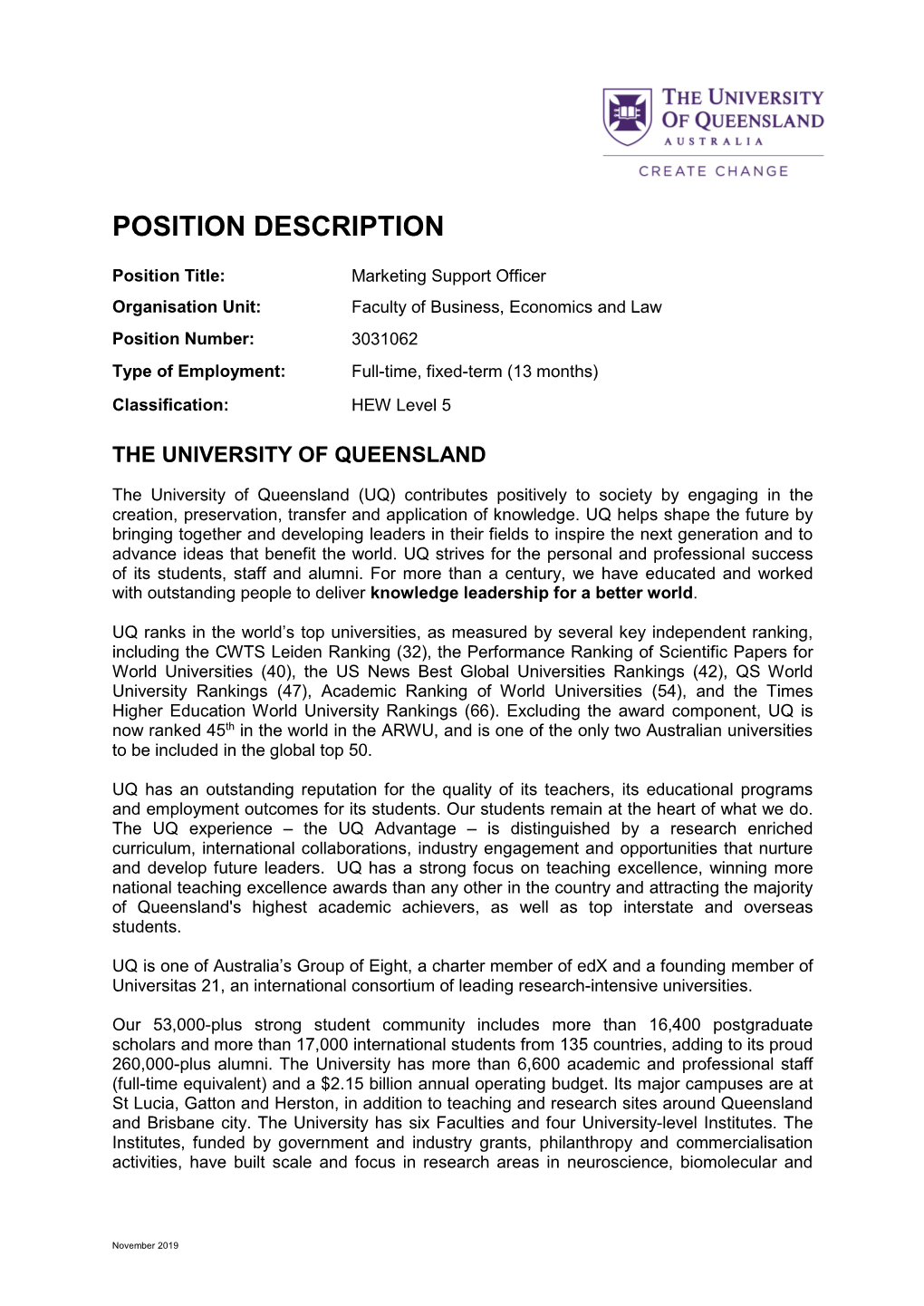 Instructions and Template for Creating a Position Description