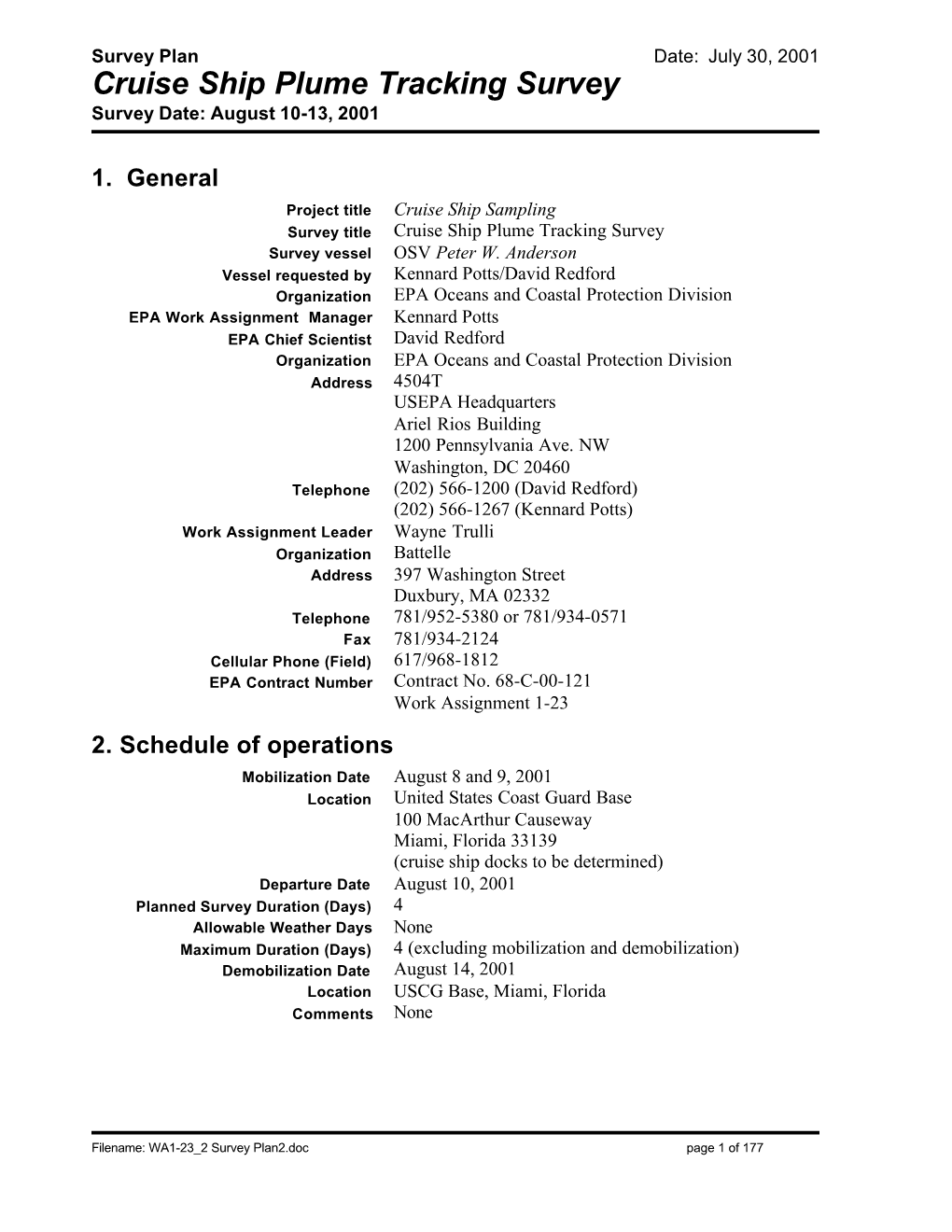 Cruise Ship Plume Tracking Survey Plan