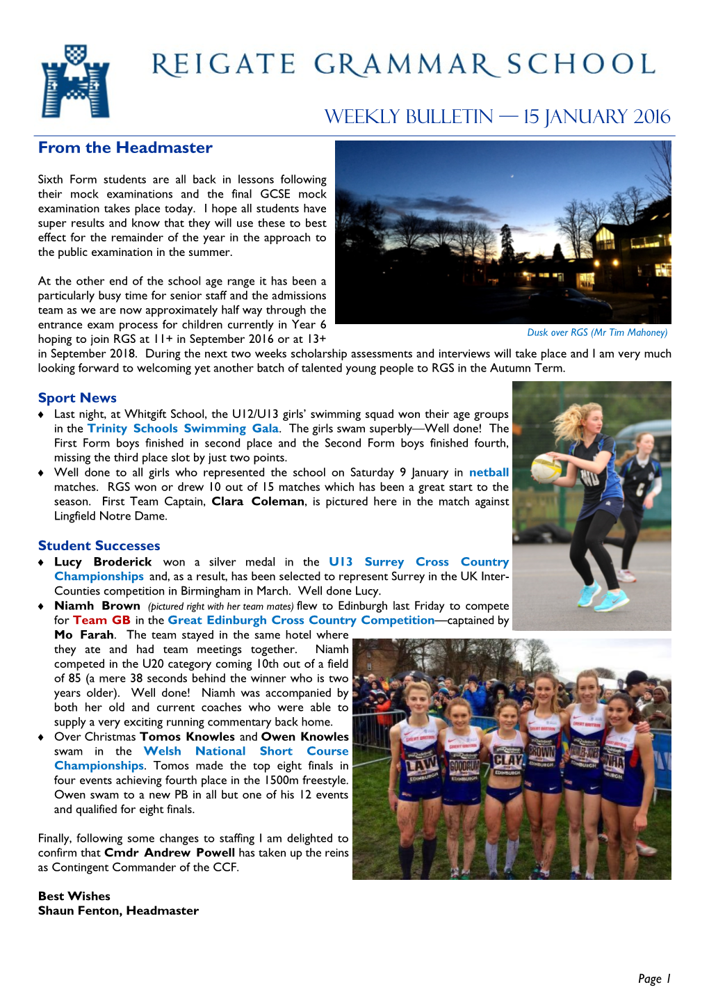 WEEKLY BULLETIN — 15 January 2016 from the Headmaster