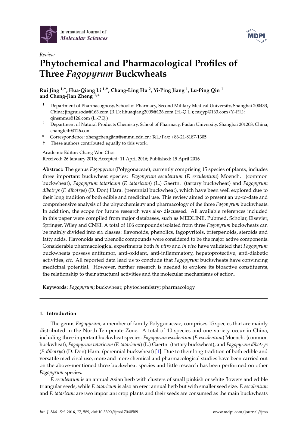 Phytochemical and Pharmacological Profiles of Three Fagopyrum Buckwheats