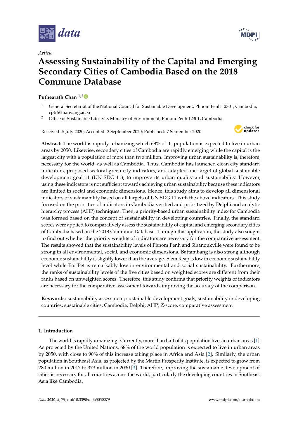 Assessing Sustainability of the Capital and Emerging Secondary Cities of Cambodia Based on the 2018 Commune Database