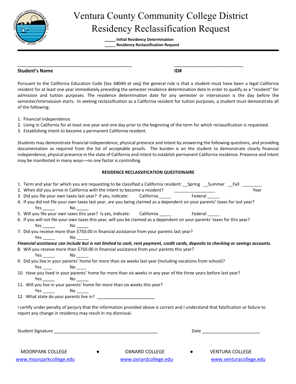 Ventura County Community College District Residency Reclassification