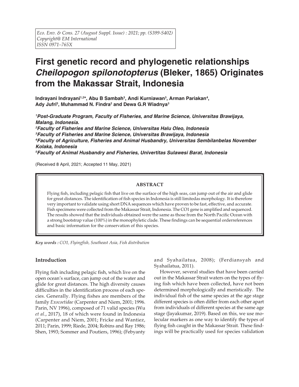 First Genetic Record and Phylogenetic Relationships Cheilopogon Spilonotopterus (Bleker, 1865) Originates from the Makassar Strait, Indonesia