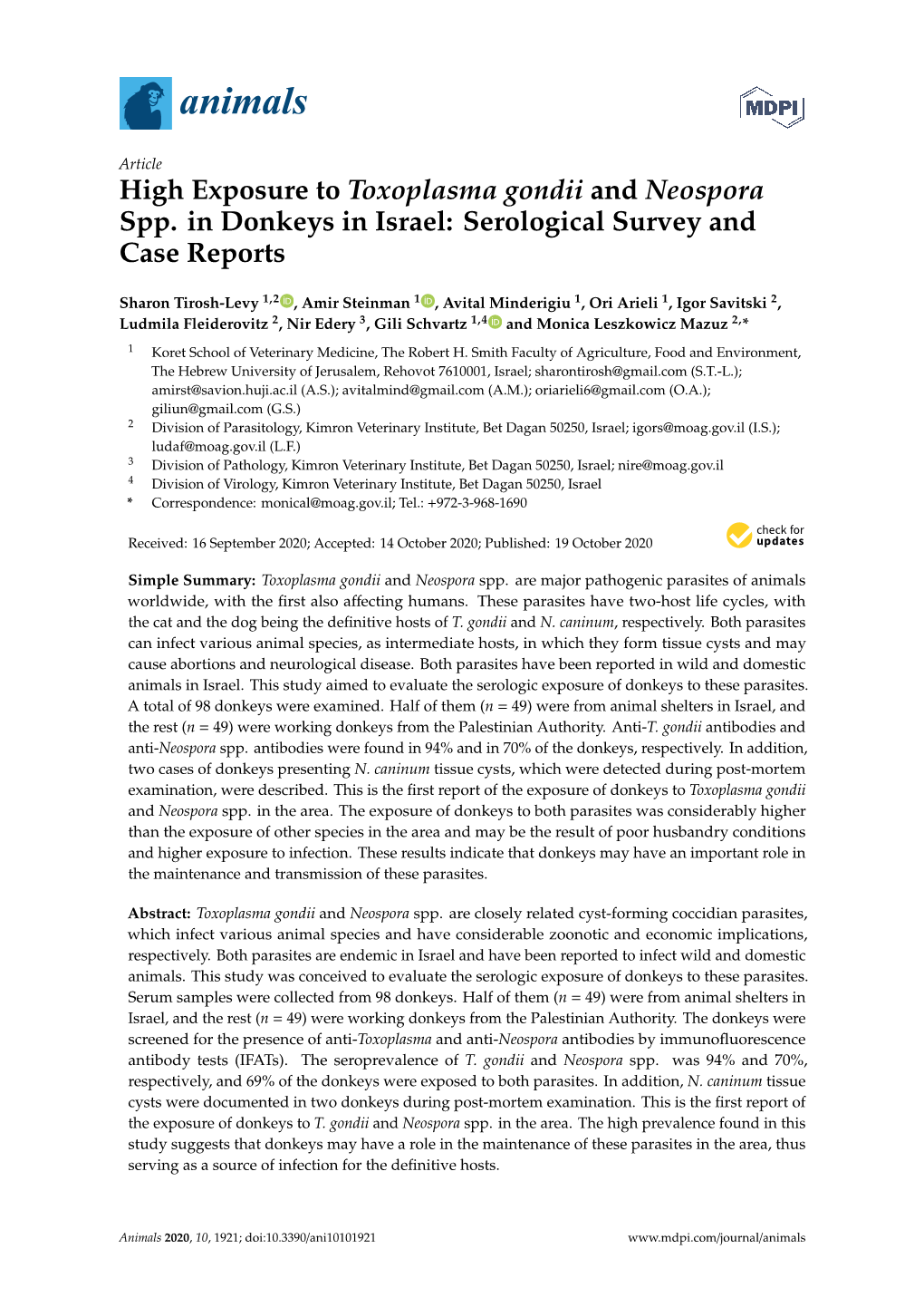 High Exposure to Toxoplasma Gondii and Neospora Spp. in Donkeys in Israel: Serological Survey and Case Reports