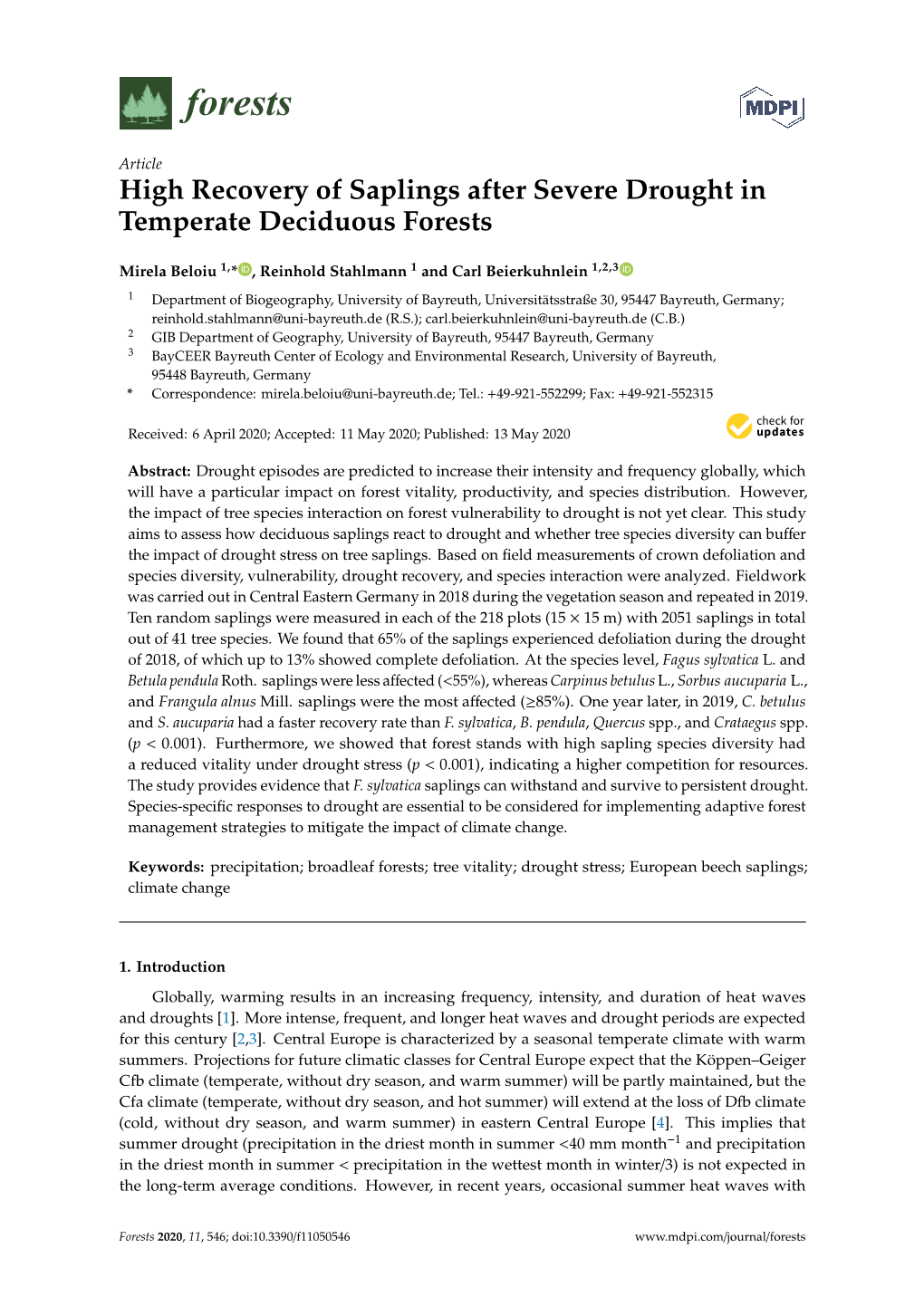 High Recovery of Saplings After Severe Drought in Temperate Deciduous Forests