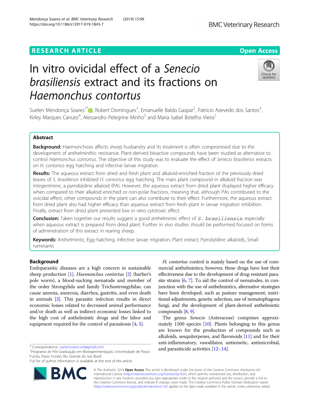 In Vitro Ovicidal Effect of a Senecio Brasiliensis Extract and Its Fractions on Haemonchus Contortus