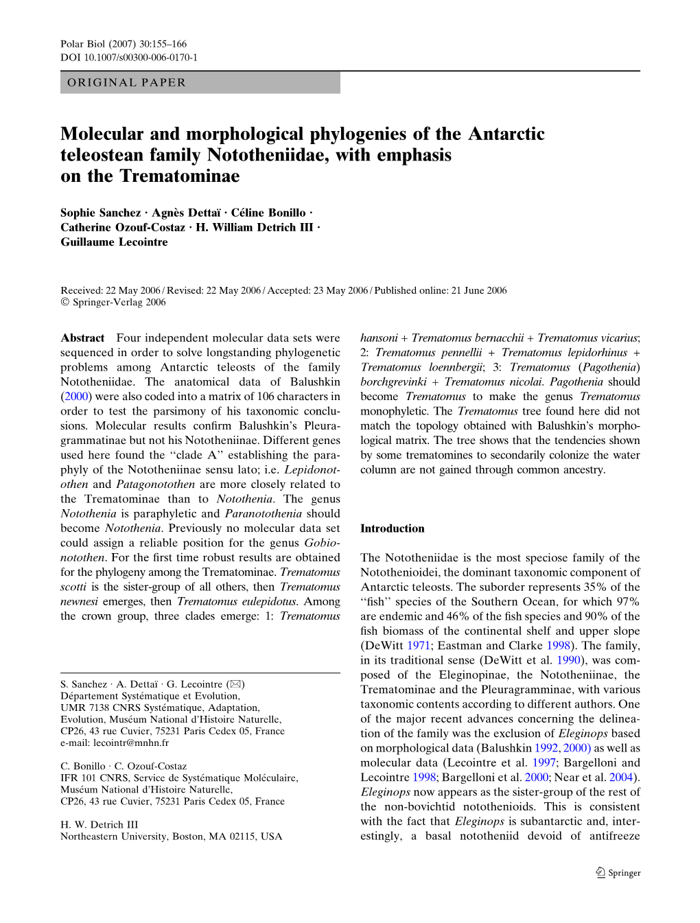 Molecular and Morphological Phylogenies of the Antarctic Teleostean Family Nototheniidae, with Emphasis on the Trematominae