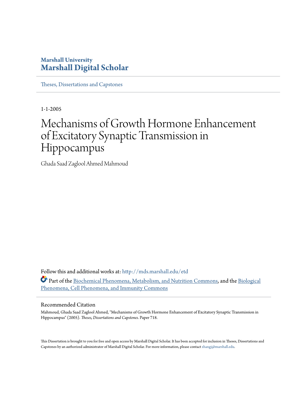 Mechanisms of Growth Hormone Enhancement of Excitatory Synaptic Transmission in Hippocampus Ghada Saad Zaglool Ahmed Mahmoud