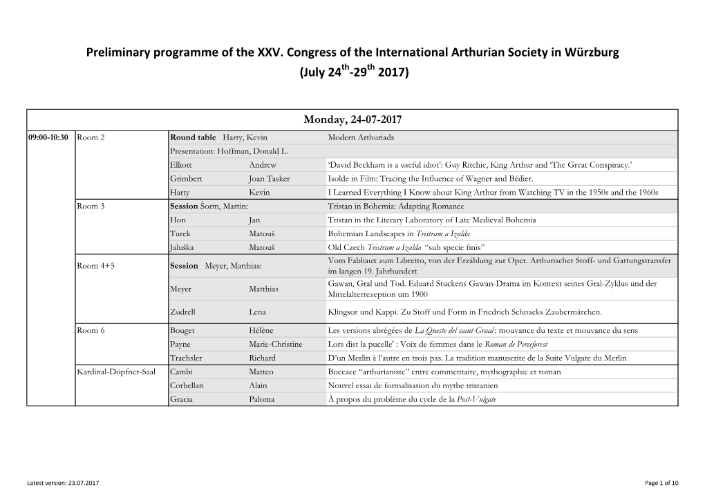 Preliminary Programme of the XXV. Congress of the International Arthurian Society in Würzburg (July 24Th-29Th 2017)