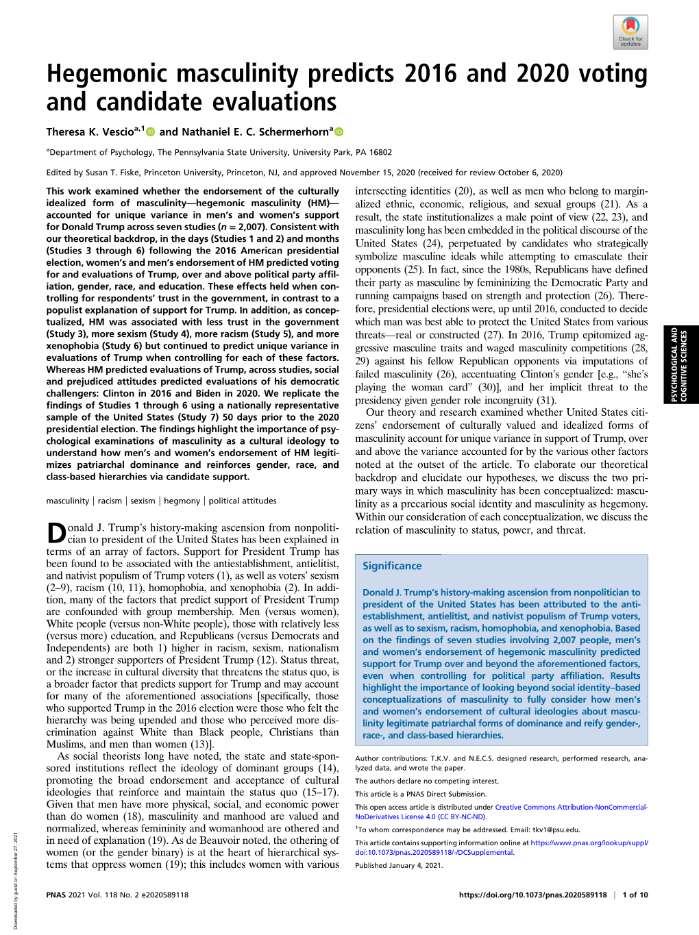 Hegemonic Masculinity Predicts 2016 and 2020 Voting and Candidate Evaluations