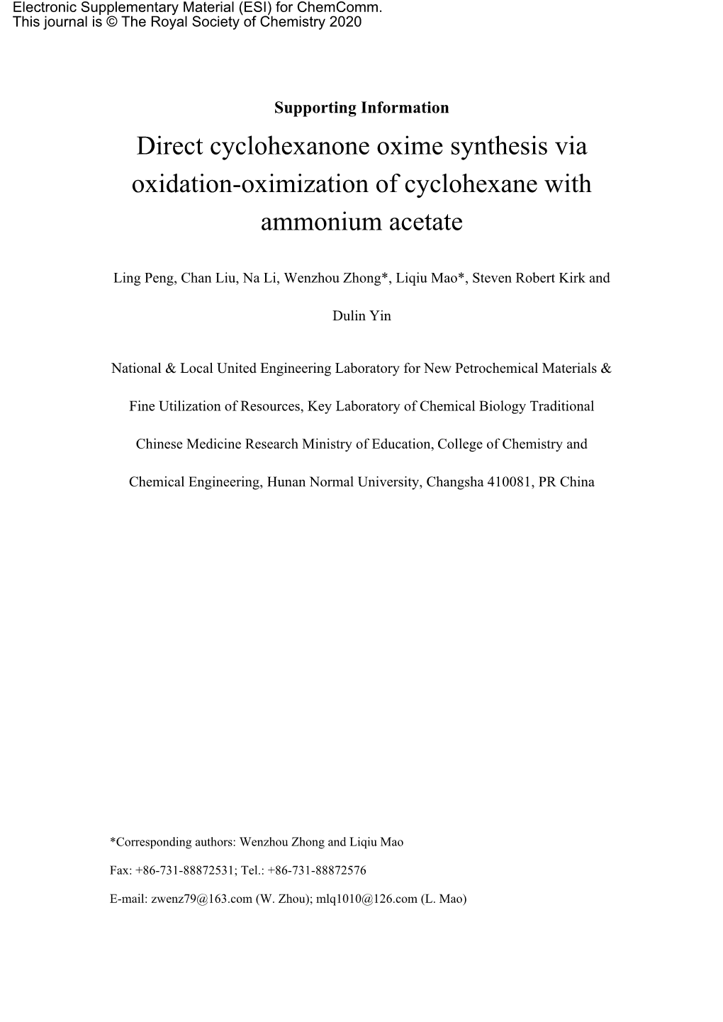 Direct Cyclohexanone Oxime Synthesis Via Oxidation-Oximization of Cyclohexane with Ammonium Acetate