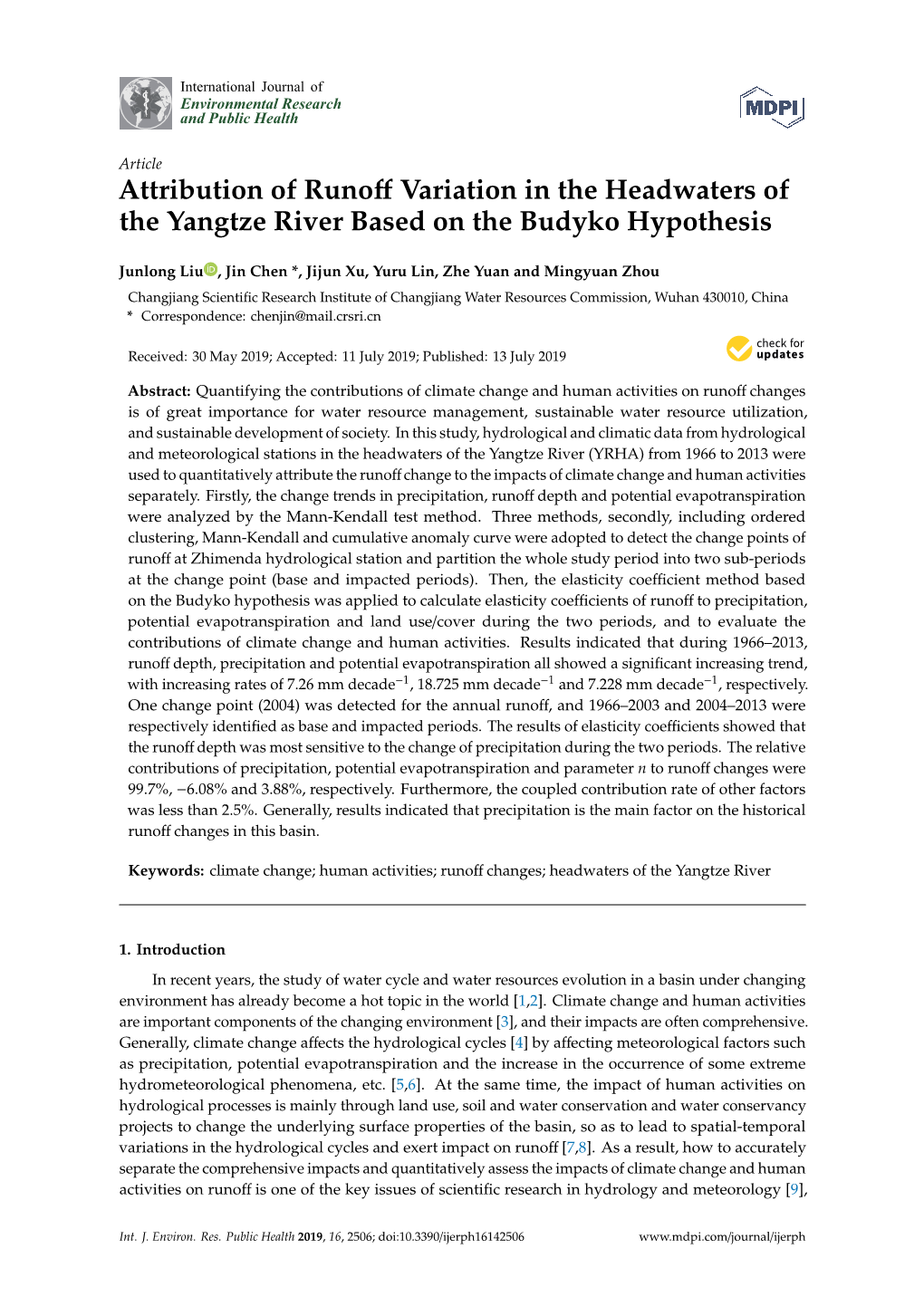 Attribution of Runoff Variation in the Headwaters of the Yangtze River