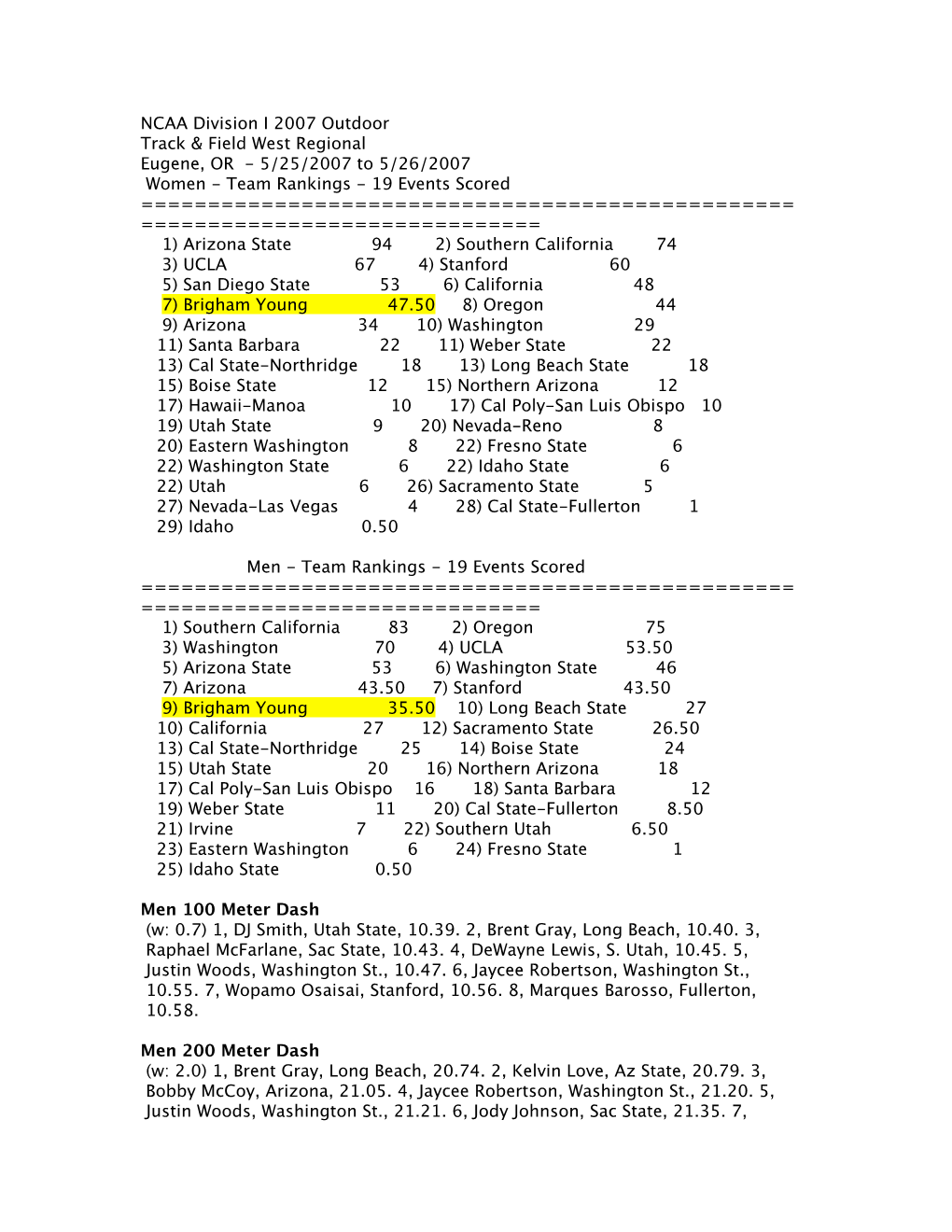 NCAA Division I 2007 Outdoor Track & Field West Regional Eugene, OR