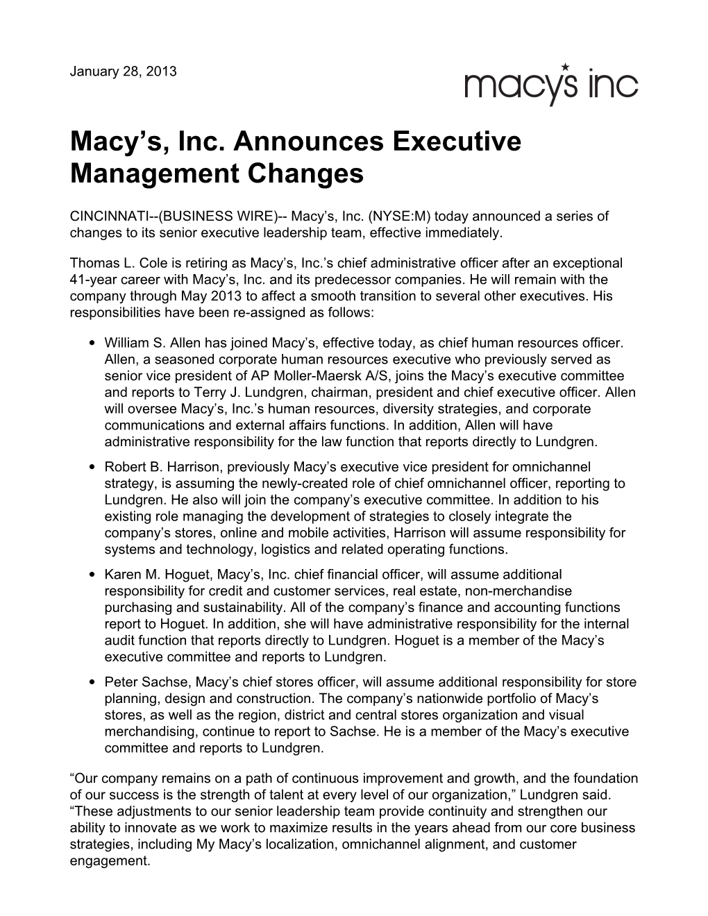 Macy's, Inc. Announces Executive Management Changes