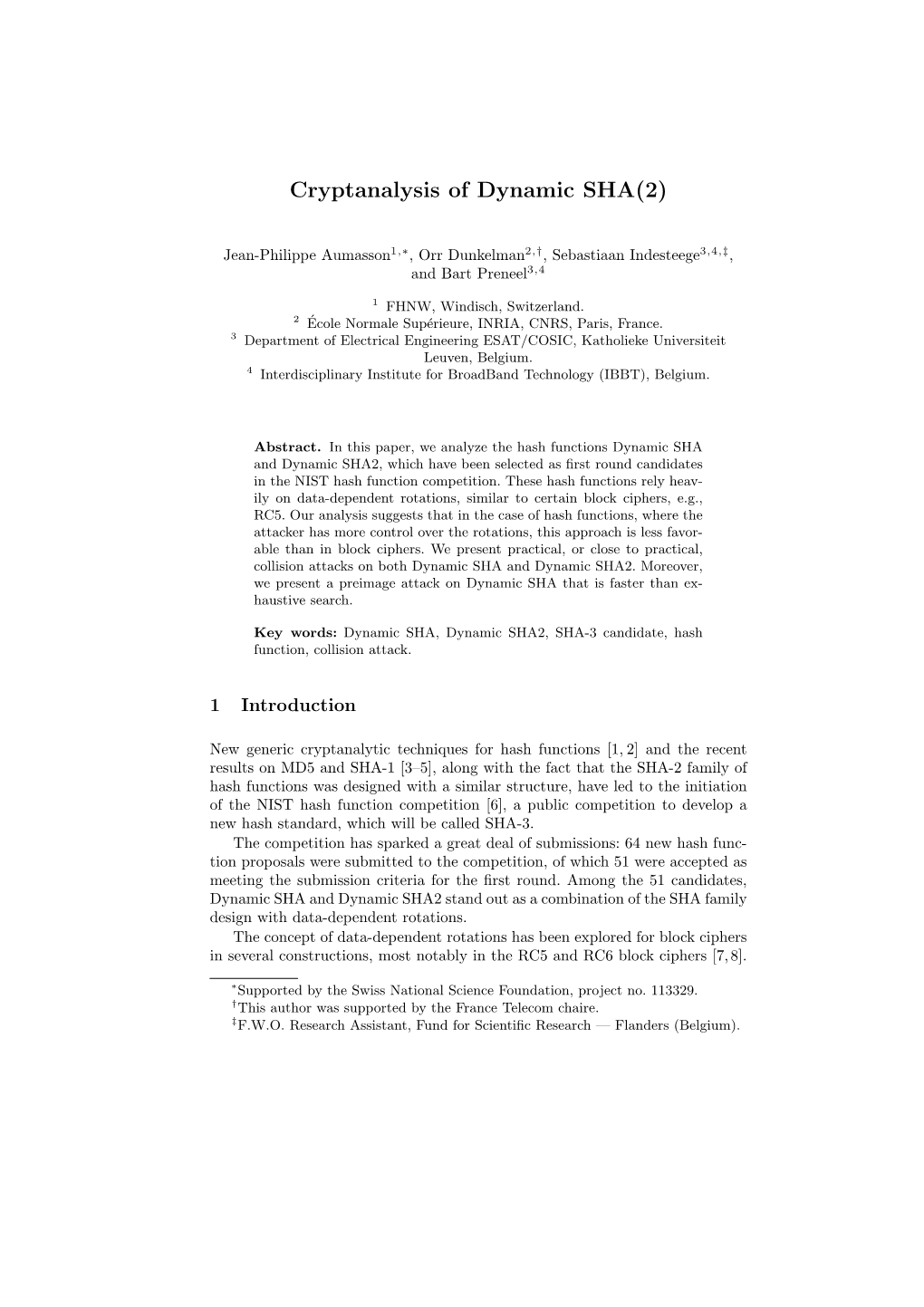 Cryptanalysis of Dynamic SHA(2)