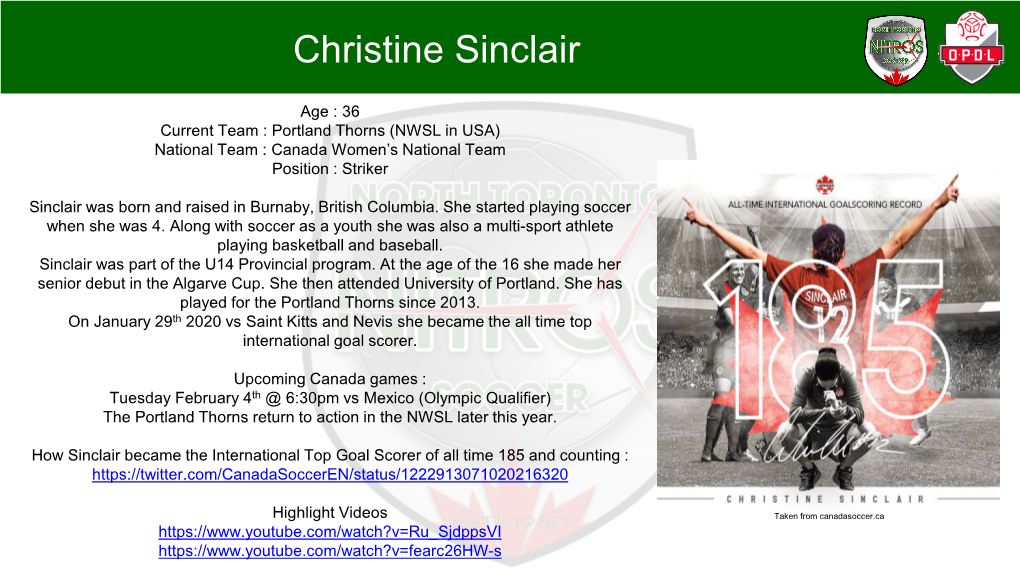 Age : 36 Current Team : Portland Thorns (NWSL in USA) National Team : Canada Women’S National Team Position : Striker