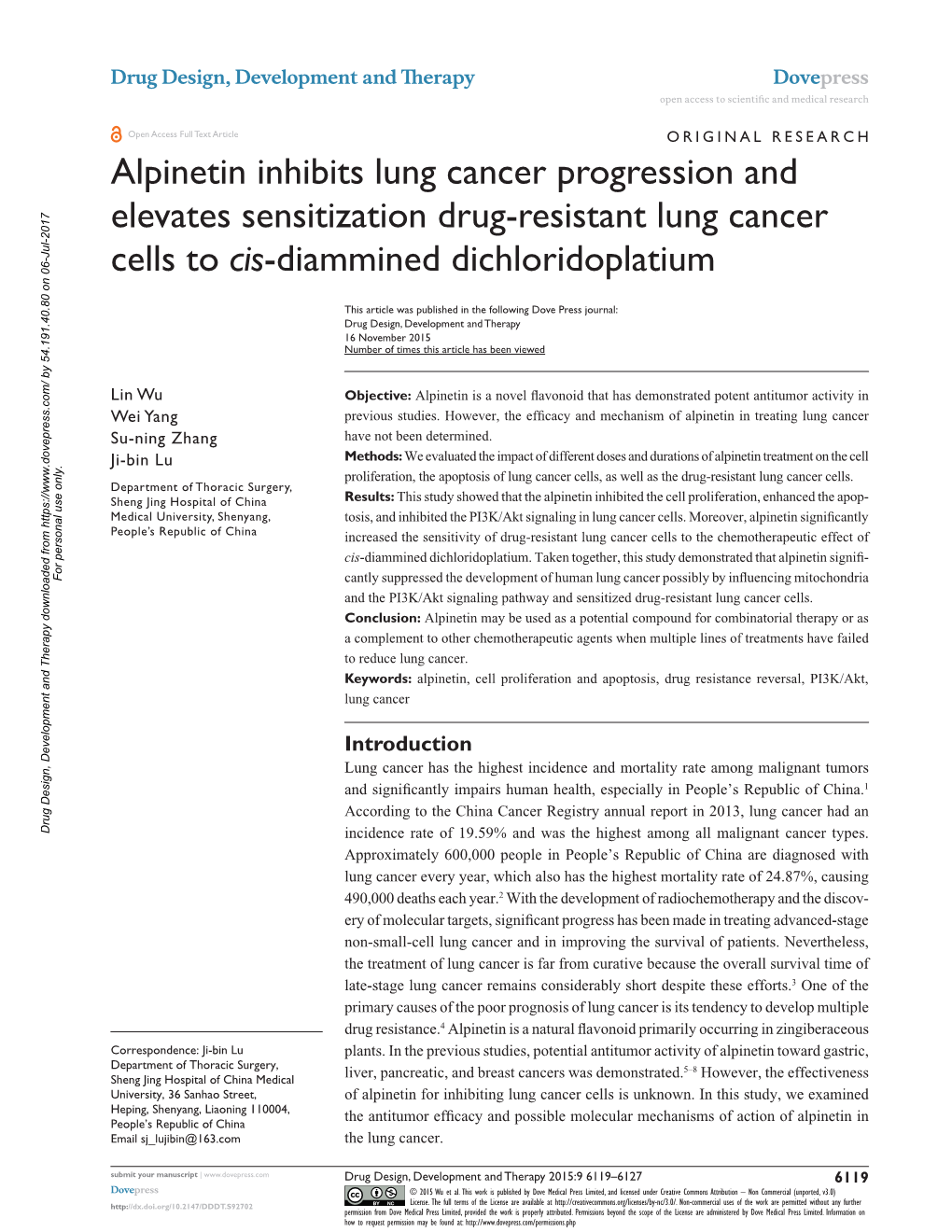 Alpinetin Inhibits Lung Cancer Progression and Elevates Sensitization Drug-Resistant Lung Cancer Cells to Cis-Diammined Dichloridoplatium